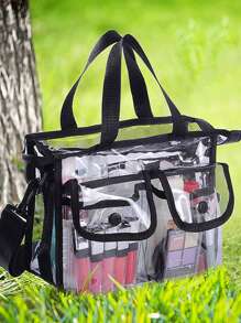 1pc Transparent Multi Grid Storage Bag, PVC Waterproof Handheld Makeup Bag For Household