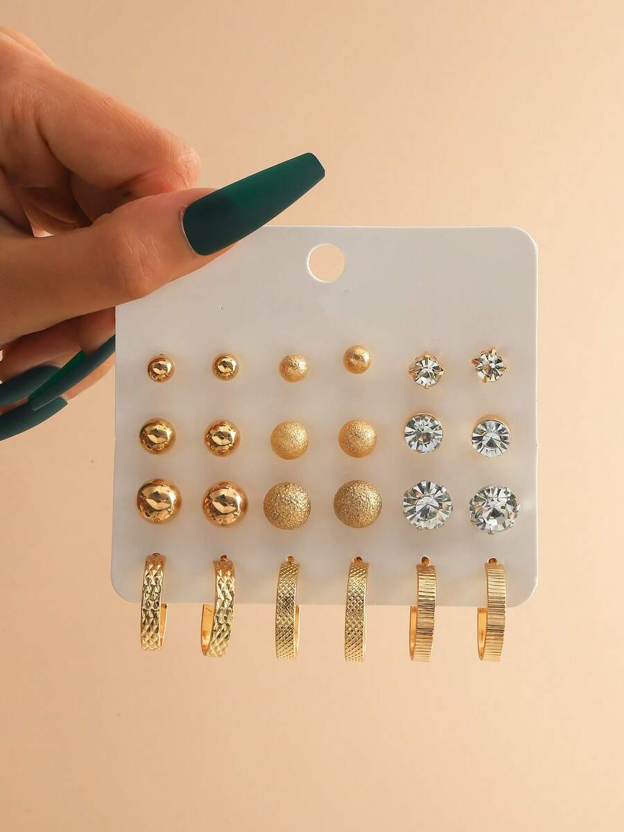 12pairs/set Faux Pearl & Rhinestone Inlaid Heart Shaped Stud & Hoop Earrings Set - Yellow Gold - View 1