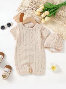 嬰兒素色後鎖孔針織連身短褲和帽 - 杏色 - 查看 1