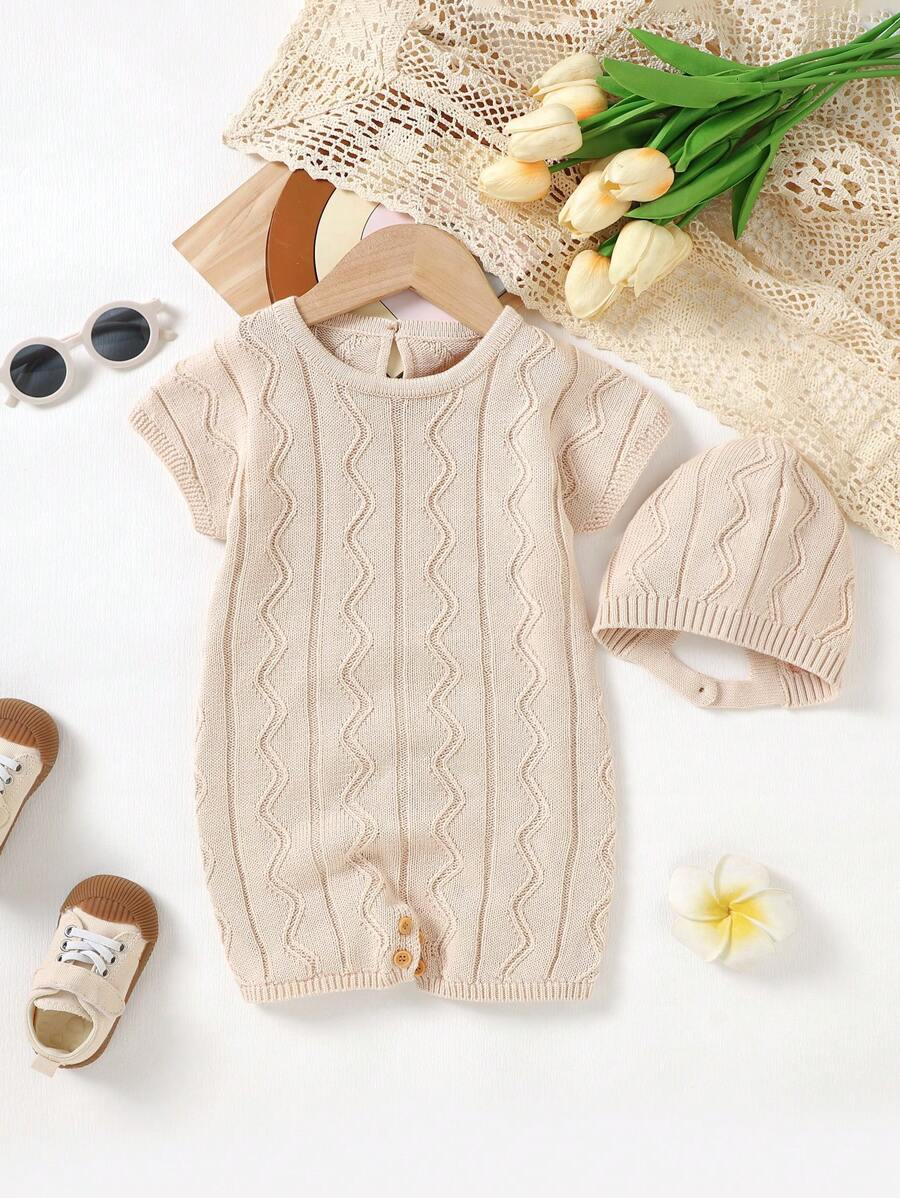 嬰兒素色後鎖孔針織連身短褲和帽 - 杏色 - 查看 1