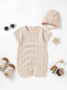 嬰兒素色後鎖孔針織連身短褲和帽 - 杏色 - 查看 7