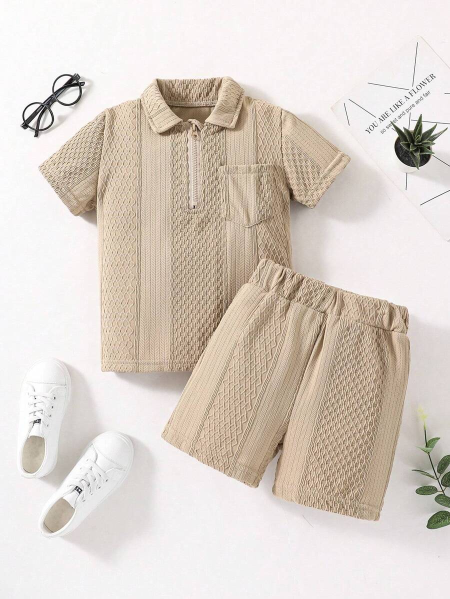 SHEIN Bộ thời trang bé trai Túi Dây kéo màu trơn Giải trí - Màu Khaki - Xem 1