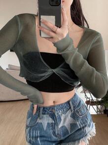 DAZY Chất rắn Mặt trước xoắn Mùa vụ Lưới Áo Không có áo Top Tube - Màu xanh lá cây đậm - Xem 1