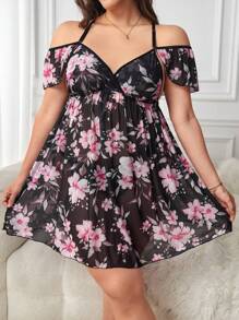 Plus Floral Print Cold Shoulder Mesh Nightdress - Black - View 1