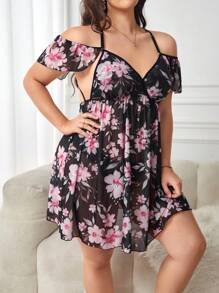 Plus Floral Print Cold Shoulder Mesh Nightdress - Black - View 3