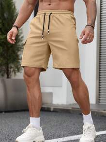 Manfinity Homme Loose Fit Men's Cargo Shorts With Flap Pockets And Drawstring Waist - Khaki - View 3