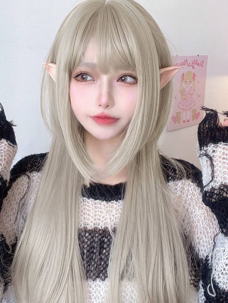 alicegarden Long Straight Synthetic Wig With Bangs - Gold - View 1