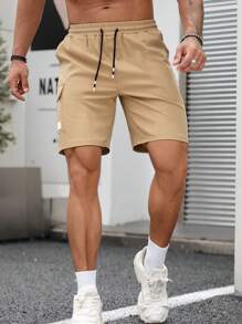Manfinity Homme Loose Fit Men's Cargo Shorts With Flap Pockets And Drawstring Waist - Khaki - View 6