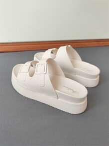 Preppy Wedge Slide Sandals For Women, Buckle Decor PVC Platform Sandals - Beige - View 3