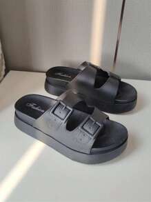 優雅坡跟涼鞋適用於女士搭扣裝飾PVC防水台涼鞋 - 黑色 - 查看 1