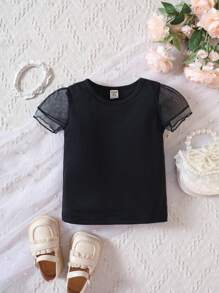 嬰兒網紗拼接泡泡袖T恤 - 黑色 - 查看 1