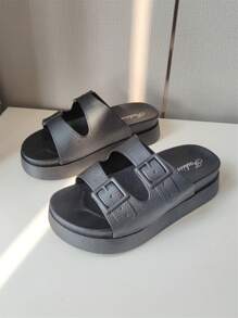 優雅坡跟涼鞋適用於女士搭扣裝飾PVC防水台涼鞋 - 黑色 - 查看 2