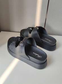 優雅坡跟涼鞋適用於女士搭扣裝飾PVC防水台涼鞋 - 黑色 - 查看 3