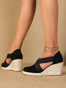 Women Minimalist Espadrille Court Wedges, Faux Suede Vacation Wedge Shoes Black