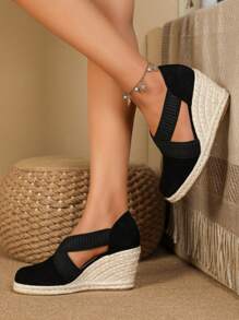 Women Minimalist Espadrille Court Wedges, Faux Suede Vacation Wedge Shoes Black