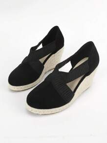Women Minimalist Espadrille Court Wedges, Faux Suede Vacation Wedge Shoes Black