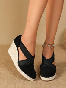 Women Minimalist Espadrille Court Wedges, Faux Suede Vacation Wedge Shoes Black