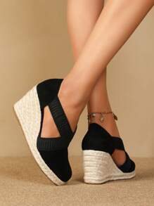 Women Minimalist Espadrille Court Wedges, Faux Suede Vacation Wedge Shoes Black