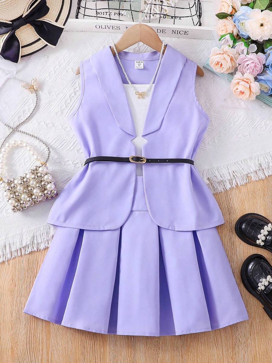 SHEIN Áo khoác & áo khoác vest & váy xếp li Tween Girl - Màu tím - Xem 1