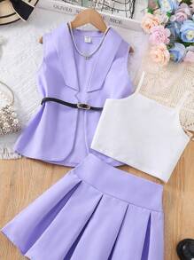 SHEIN Áo khoác & áo khoác vest & váy xếp li Tween Girl - Màu tím - Xem 3