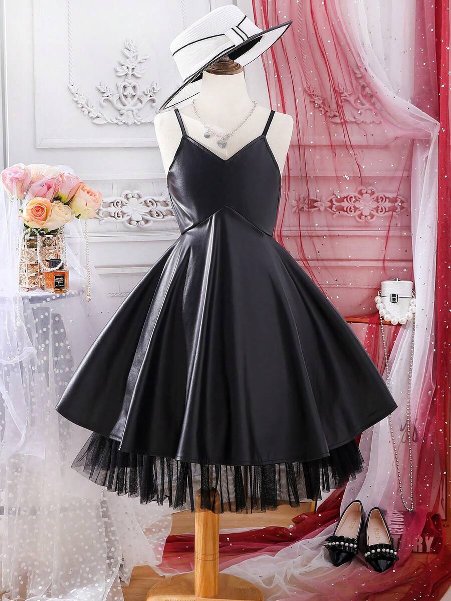 SHEIN 派對純色女童連衣裙網拼接 - 黑色 - 查看 1