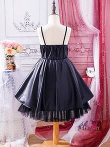 SHEIN 派對純色女童連衣裙網拼接 - 黑色 - 查看 2
