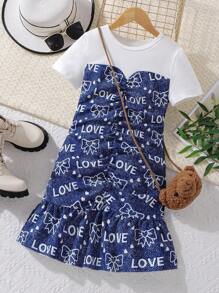 Girls Letter Graphic Ruched Ruffle Hem Dress - Blue and White - View 1