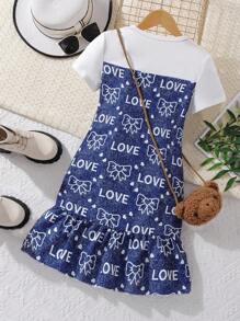 Girls Letter Graphic Ruched Ruffle Hem Dress - Blue and White - View 2