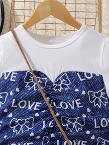 Girls Letter Graphic Ruched Ruffle Hem Dress - Blue and White - View 4