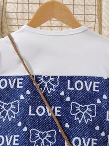 Girls Letter Graphic Ruched Ruffle Hem Dress - Blue and White - View 5