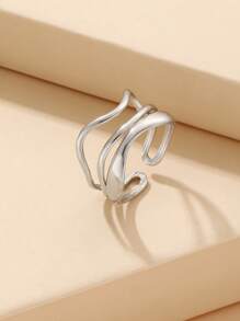 1pc Elegant Geometric Multi-Layer Line Openwork Stainless Steel Ring, Simple Minimalist Shiny Metal Adjustable Finger Band For Women, Daily Wear - Silver - View 8