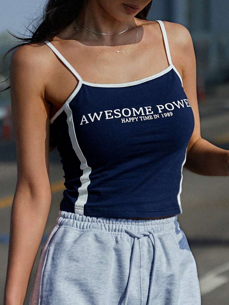 DAZY 標語圖案撞色滾邊吊帶上衣 - 藏蓝色 - 查看 1