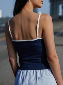 DAZY 標語圖案撞色滾邊吊帶上衣 - 藏蓝色 - 查看 2