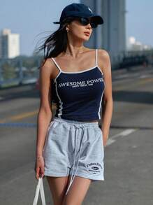 DAZY 標語圖案撞色滾邊吊帶上衣 - 藏蓝色 - 查看 4