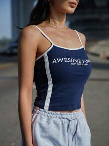 DAZY 標語圖案撞色滾邊吊帶上衣 - 藏蓝色 - 查看 6