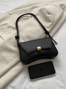 复古轻便商务休闲黑色翻盖包 复古结饰细节 PU 适合少女、女大学生、新人及白领人士 非常适合办公室、大学、工作、商务、通勤、户外、旅行、郊游、复古风格复古女士包 - 黑色 - 查看 5