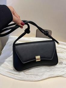 复古轻便商务休闲黑色翻盖包 复古结饰细节 PU 适合少女、女大学生、新人及白领人士 非常适合办公室、大学、工作、商务、通勤、户外、旅行、郊游、复古风格复古女士包 - 黑色 - 查看 8