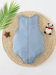 Baby Girl Cartoon Graphic Denim Bodysuit - Light Wash - View 2