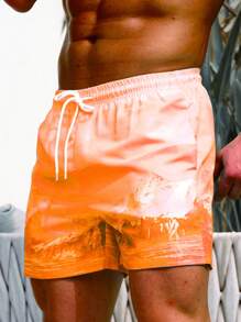 Surfspeed Hombres Shorts de natación con estampado de montaña de cintura con cordón - Naranja - Ver 5