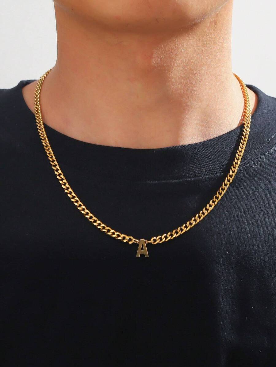 1入組時尚字母吊墜項鍊適合男士日常裝飾,適用於首飾類禮品和派對 - 金黃色 - 查看 1