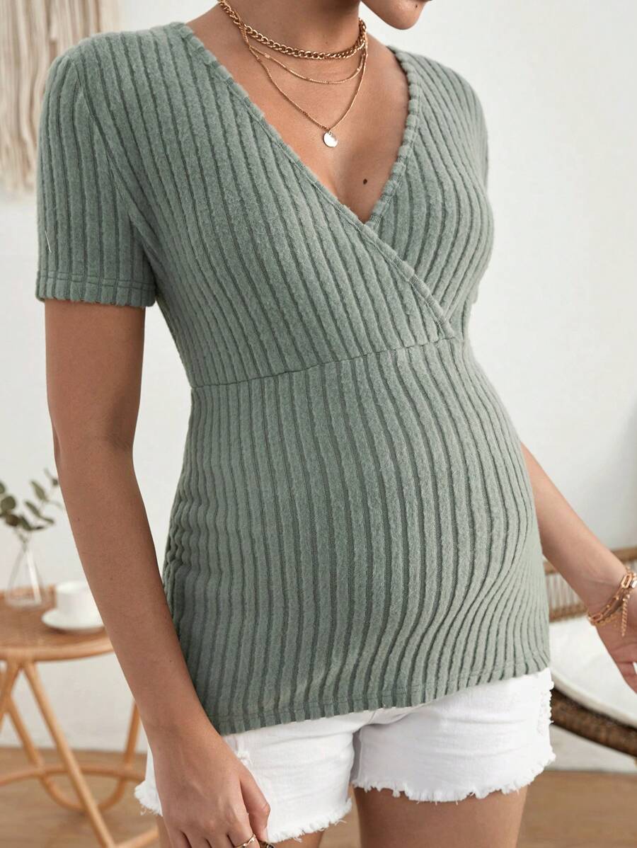 SHEIN Maternidad Camiseta de cuello cruzado tejido de canalé - verde menta - Ver 1