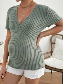 SHEIN Maternidad Camiseta de cuello cruzado tejido de canalé - verde menta - Ver 5
