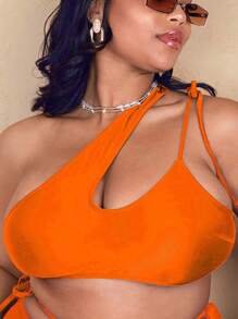 Celure Plus Cut Out One Shoulder Bikini Top - Orange - View 2