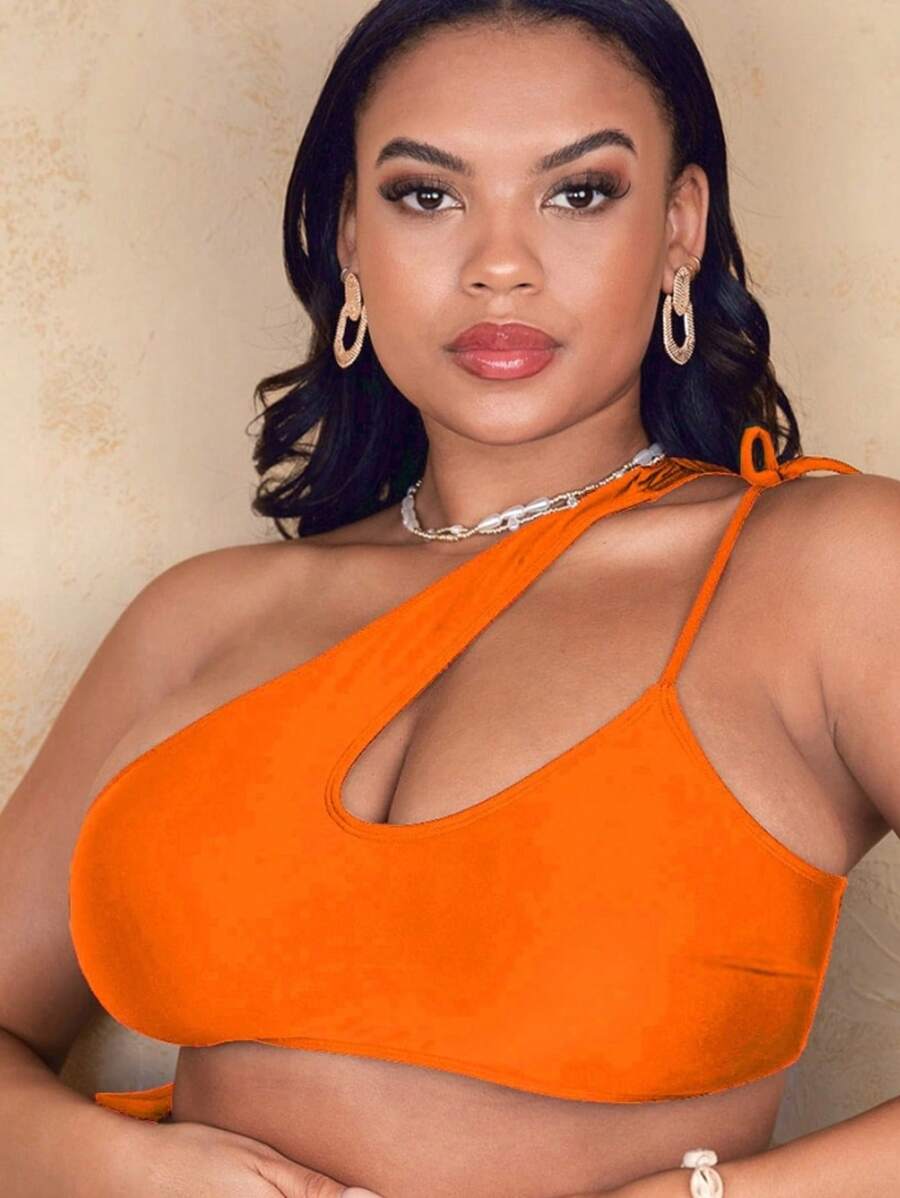 Celure Plus Cut Out One Shoulder Bikini Top - Orange - View 1