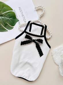 1件黑白涤纶夏季休闲度假黑色蝴蝶结白色背心，适合猫狗穿着 - 黑與白 - 查看 1
