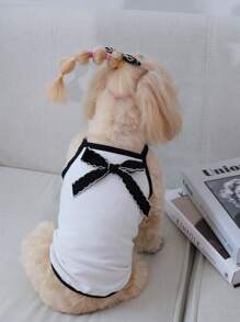 1件黑白涤纶夏季休闲度假黑色蝴蝶结白色背心，适合猫狗穿着 - 黑與白 - 查看 3