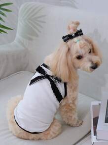 1件黑白涤纶夏季休闲度假黑色蝴蝶结白色背心，适合猫狗穿着 - 黑與白 - 查看 5