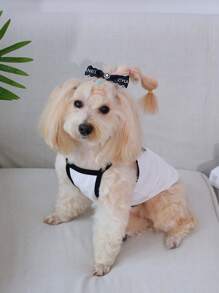 1件黑白涤纶夏季休闲度假黑色蝴蝶结白色背心，适合猫狗穿着 - 黑與白 - 查看 6