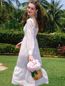 Đầm Viên lá sen Dây kéo Dải chun Nếp gấp Phần Ngực Hoa Thanh lịch - trắng - Xem 2