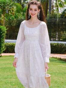 Đầm Viên lá sen Dây kéo Dải chun Nếp gấp Phần Ngực Hoa Thanh lịch - trắng - Xem 4